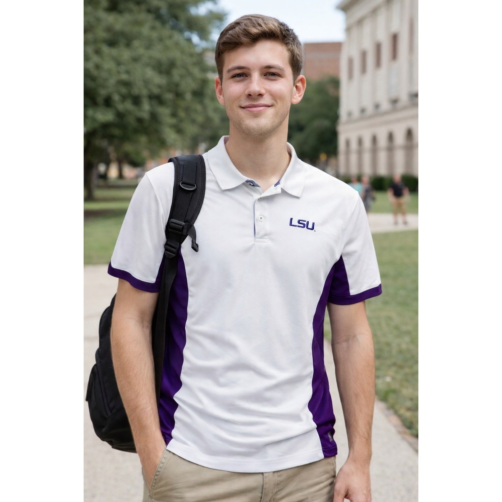 LSU Tigers Mens XL White‎ Purple Performance Polo Shirt NCAA Fangear SEC Golf